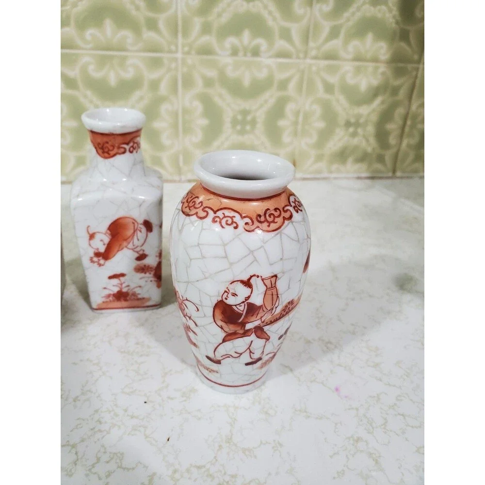 Oriental Objects D'Art Orange & White Crackle Mini Vases Decorative  Macau Lot 4